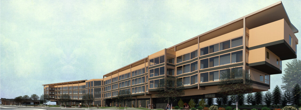 Exterior render of a student designed multi story buildings
