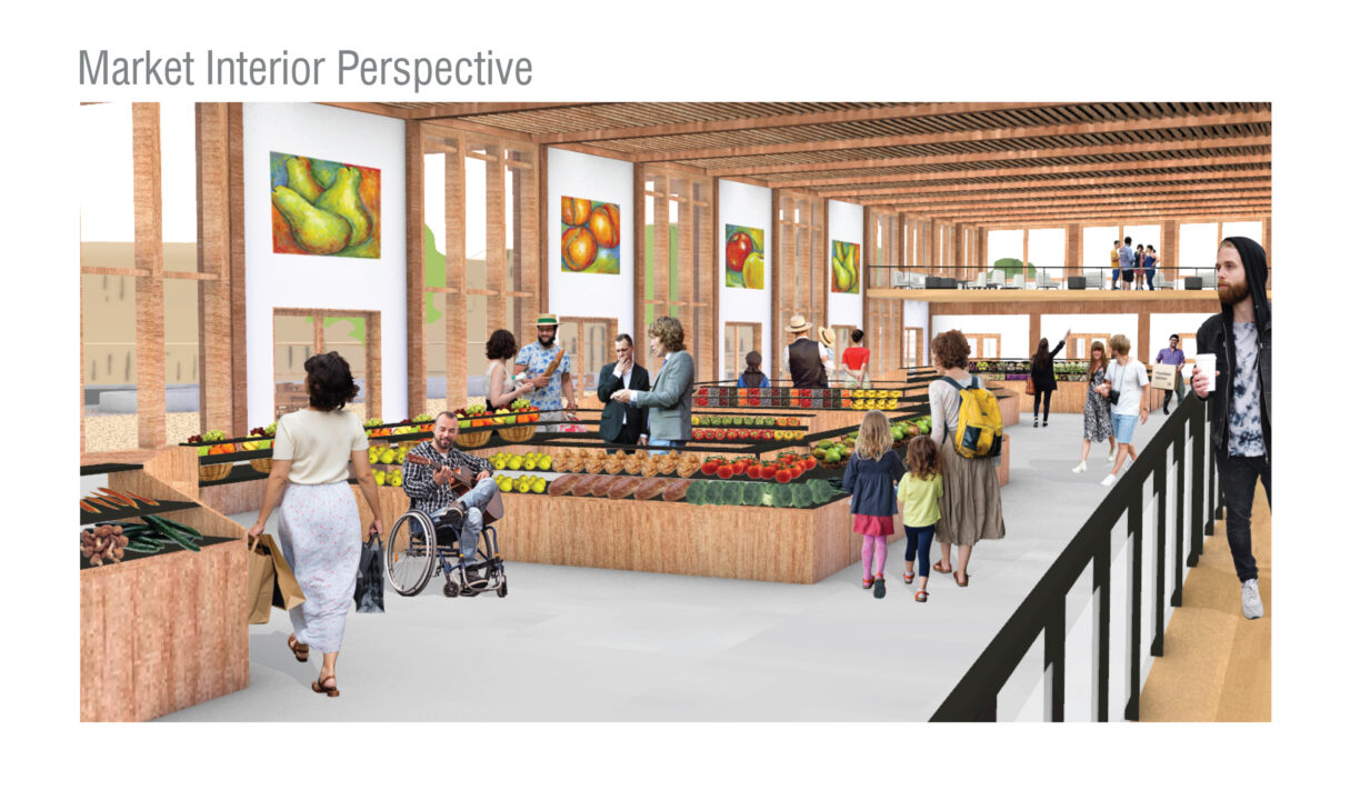 Interior render of people in a wooden market space