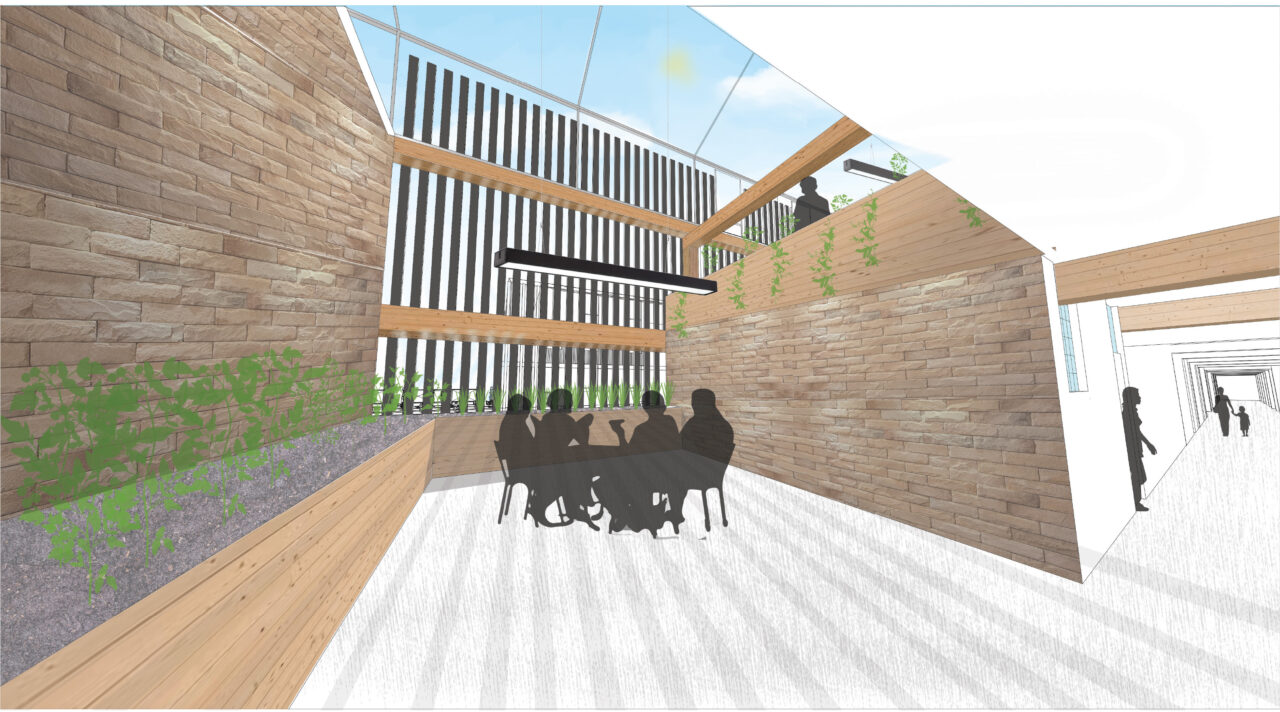 Interior render of building sitting in a glass roof courtyard space