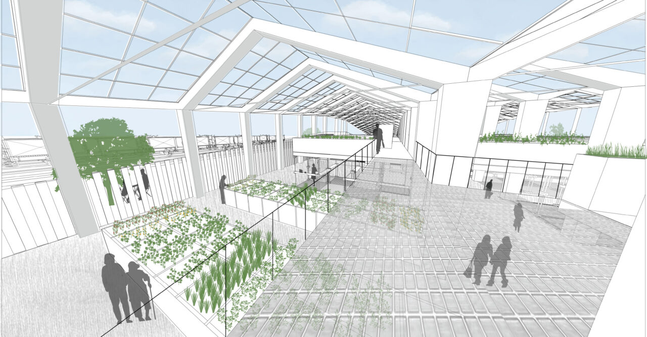 Interior render of people in a glass roof market space