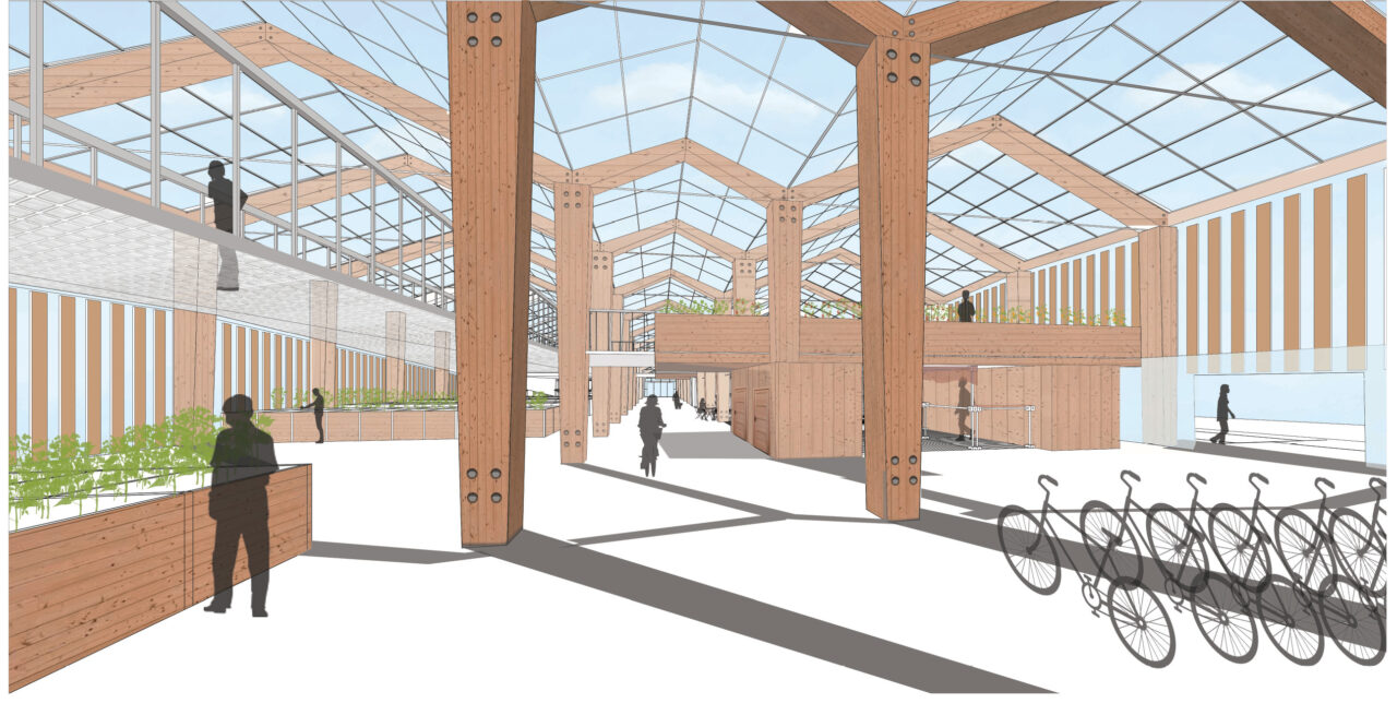 Interior render of people in a glass roof market space