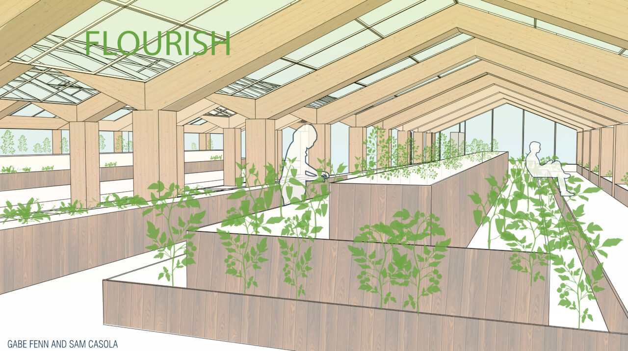 Interior render of a wooden and glass green house building