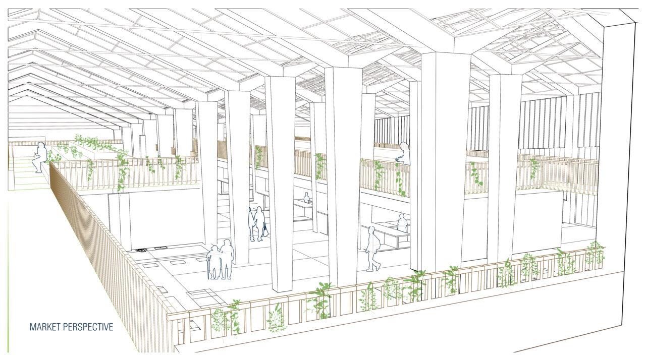 Perspective drawing of a student designed market building