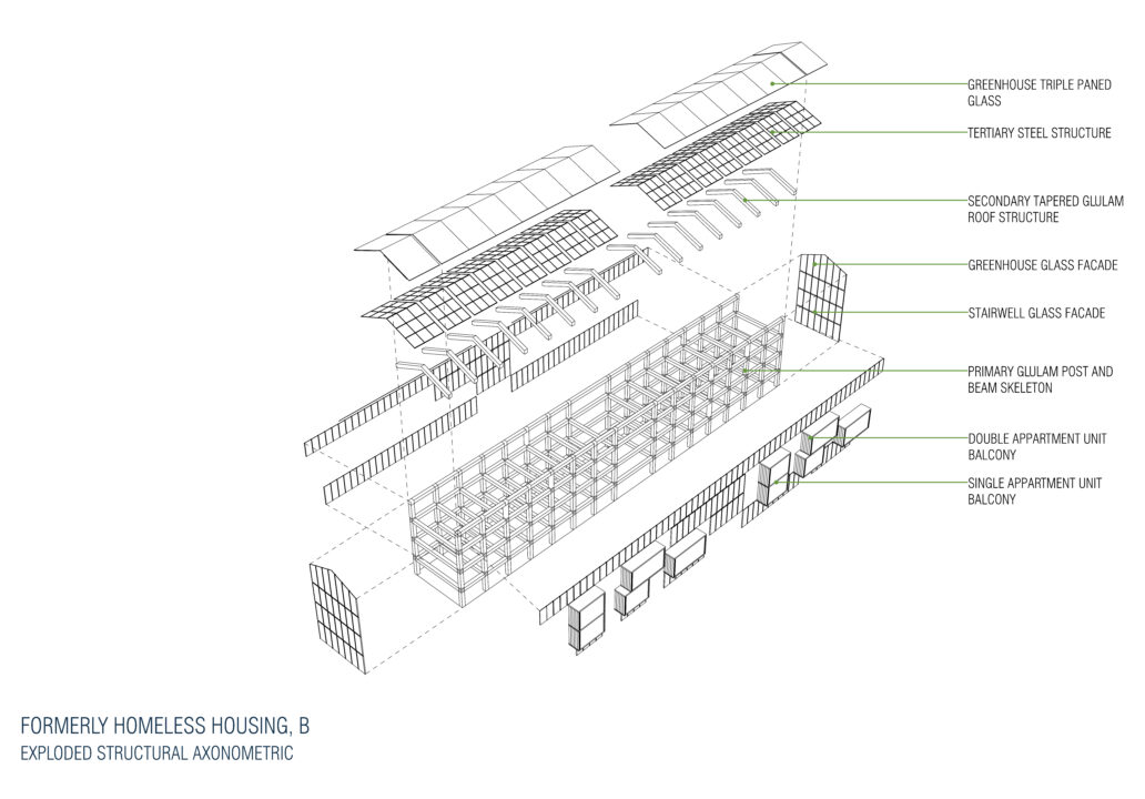 Exploded structural axonometric of student designed buildings
