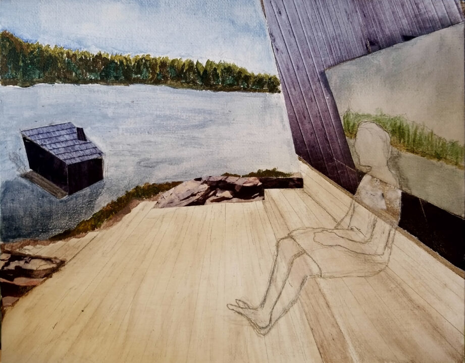 Abstract collaged image of a figure sitting outside a sauna next to a lake
