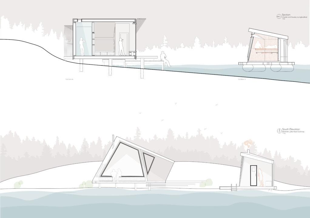 Two longitudinal sections showing the student's designed chalet and floating sauna on a lake