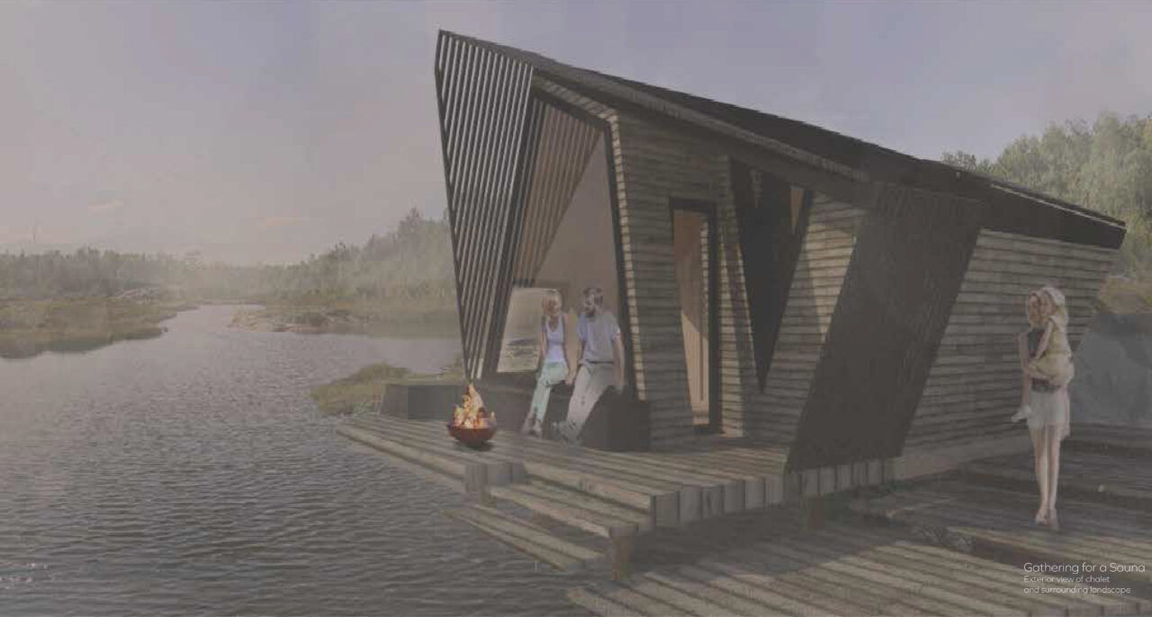 Exterior render of a small wooden building on a lake, with figures sitting on front steps