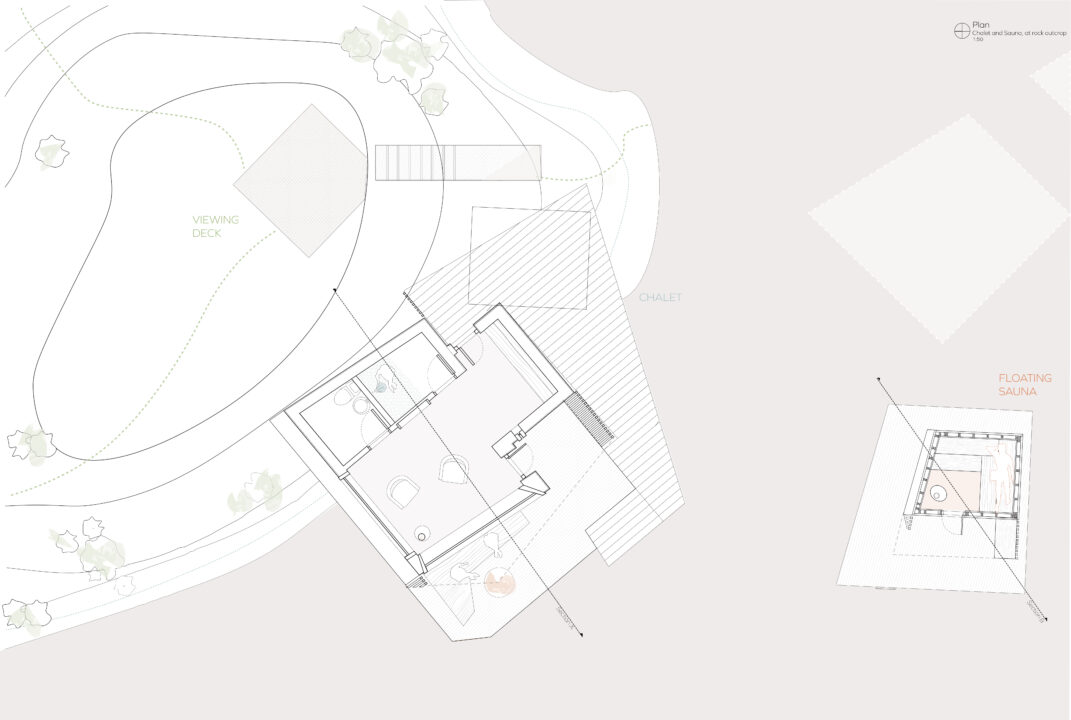 First floor plan of a small chalet and a sauna with the surrounding context