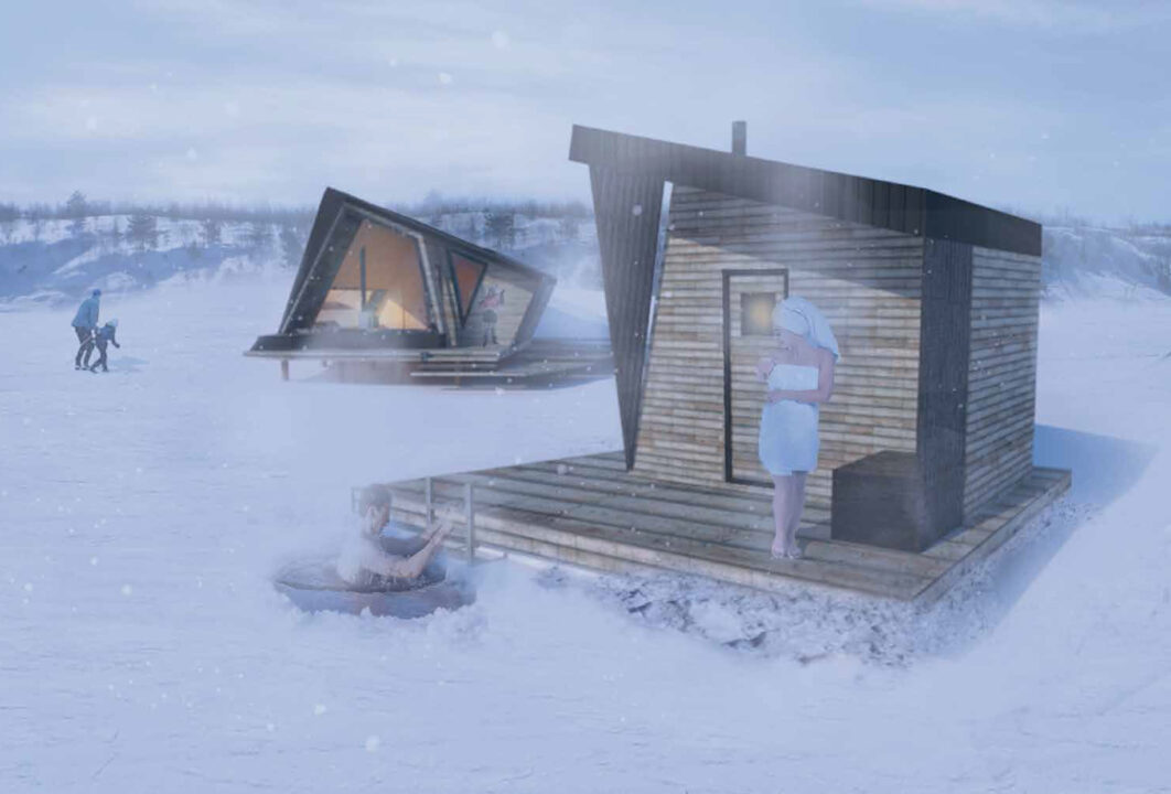 Exterior render of two wooden saunas, a woman stands outside of one in the winter