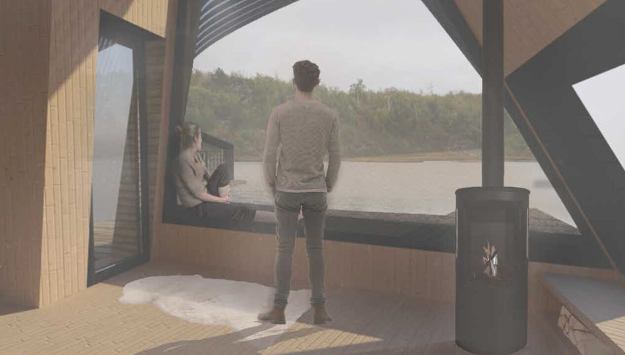 Interior render of two figures inside a wood room overlooking a lake