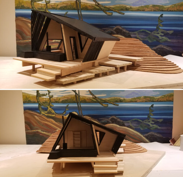 Two photographs of a small wooden model created by the student in front of a lake painting