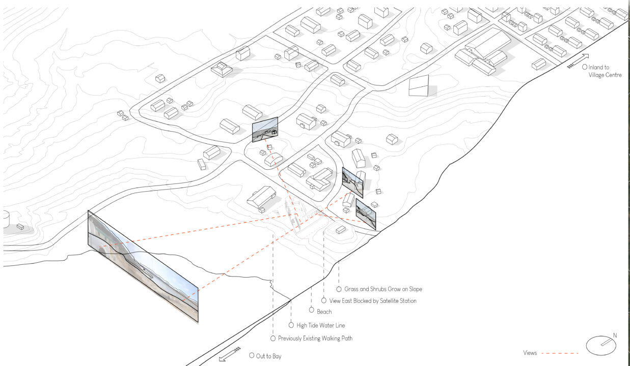 Perspective site plan of a student designed building with the surrounding context and diagrams