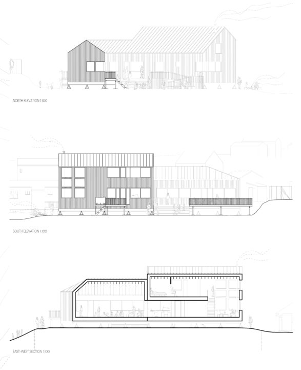 Poster with elevations and a section of a student designed wooden building