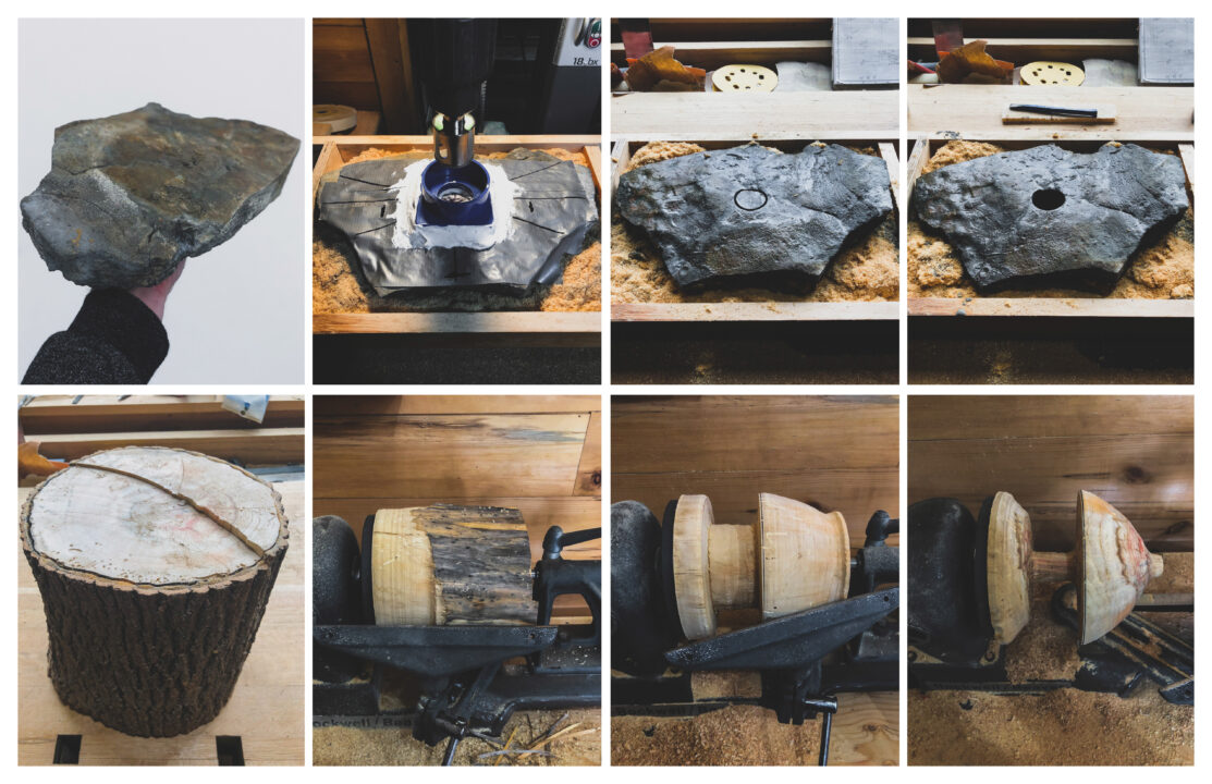 Multiple photographs showing the process of carving and drilling a remembrance lantern