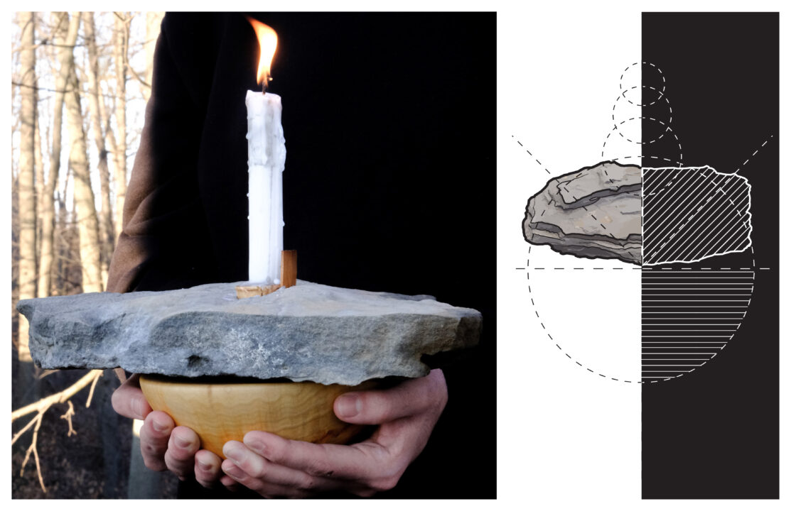 One photograph of hands holding a wooden bowl with a rock and candle on top, next to a diagrammatic drawing of a rock over a circle