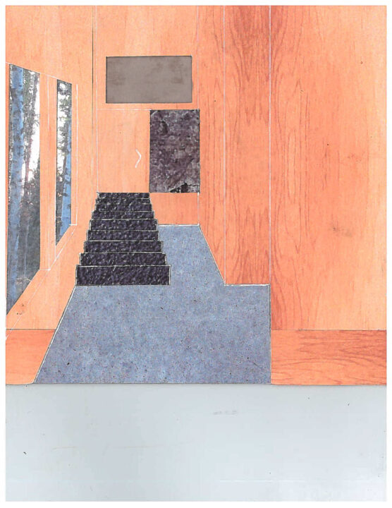 Abstract collaged image of the interior of a wooden sauna with windows