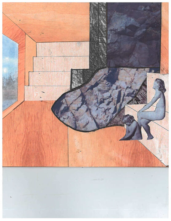 Abstract collage image of two figures in a sauna