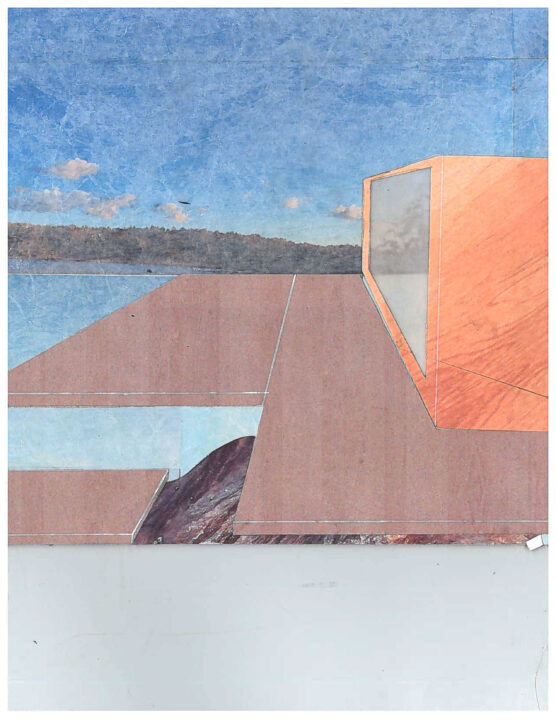 Abstract collaged image of the exterior of a sauna next to a lake