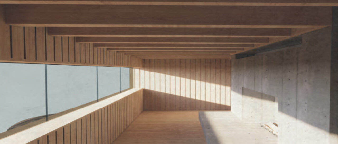 Interior render of light shining through a long window into a wooden room
