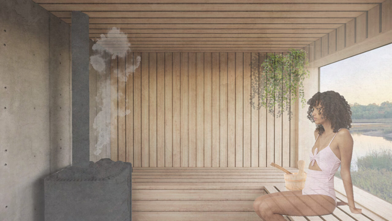 Interior render of a woman sitting inside a wood sauna