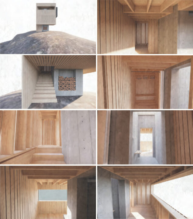 A series of small renders moving through the wooden space