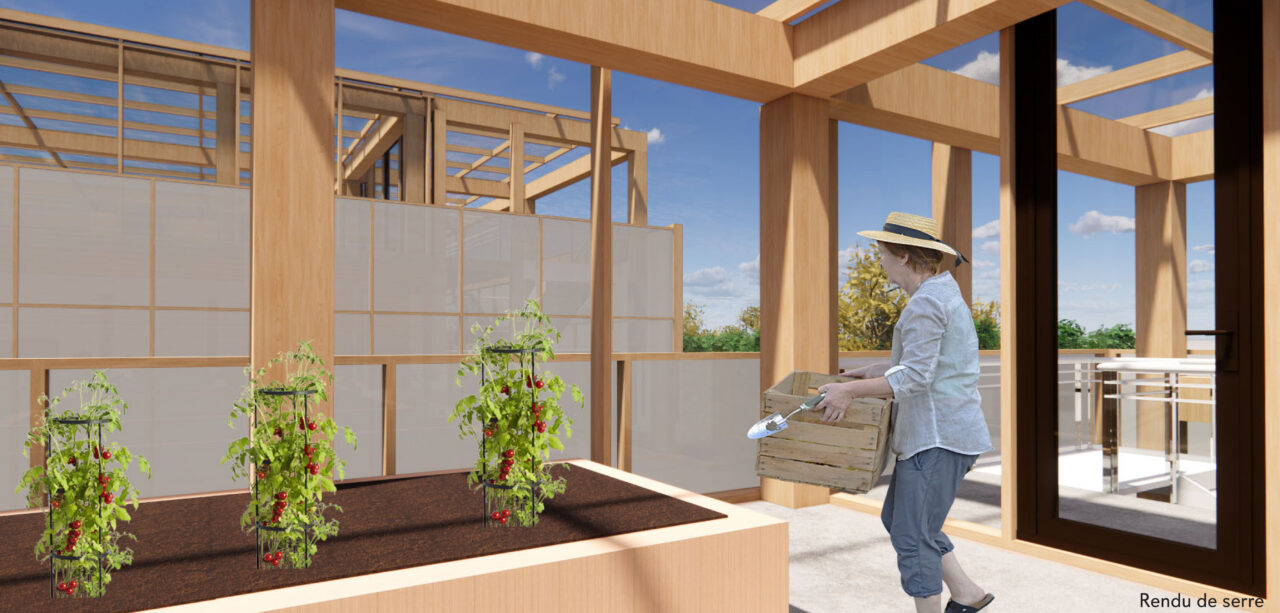 Interior render of a person gardening in a roof top green house