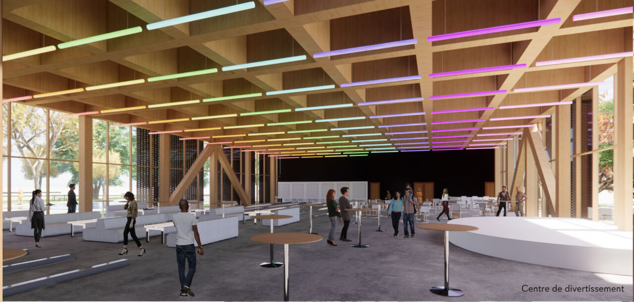Interior render of people gathering in an open space under a wooden roof