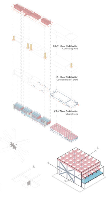 Structural axonometric diagrams of a student designed multi story buildings