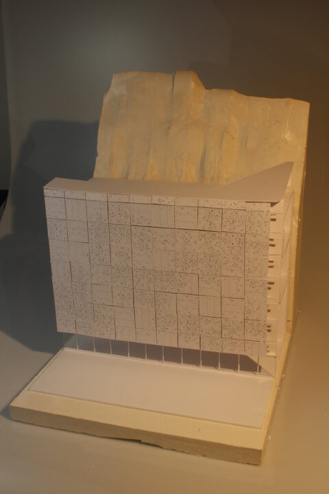 Photograph of a matte board model of an art gallery by third year student Jonathan Kabumbe