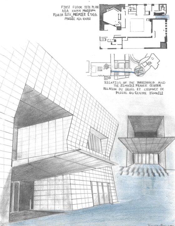Poster with hand drawn perspective drawings and floor plans of the aga khan museum