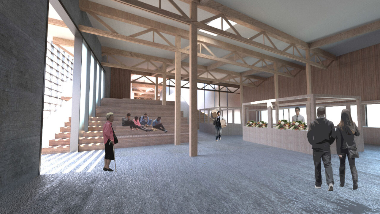 Interior render of a student designed wooden market space