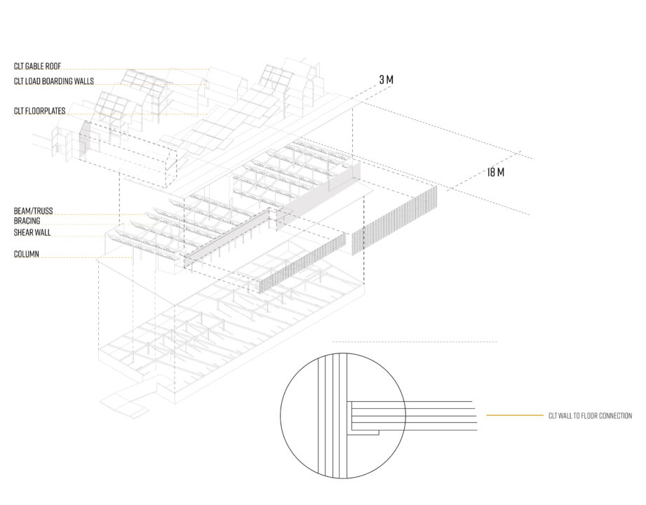 Structural axonometric drawing of the student designed buildings