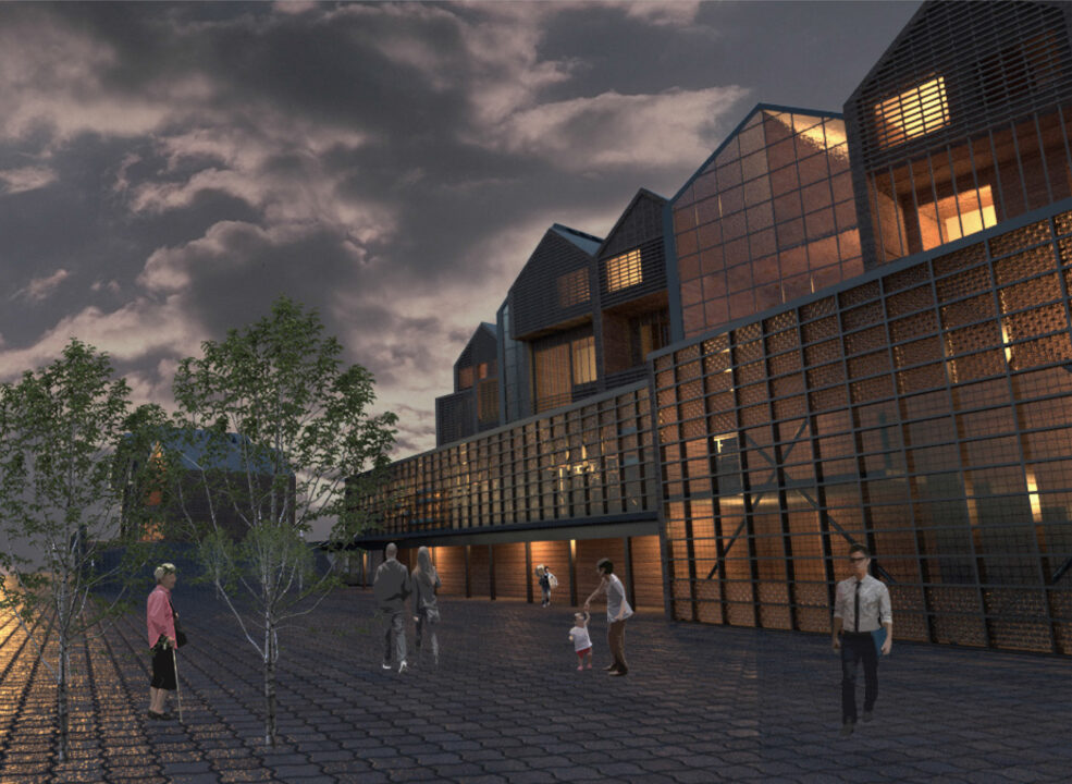 Exterior render of people walking outside a student designed building at night