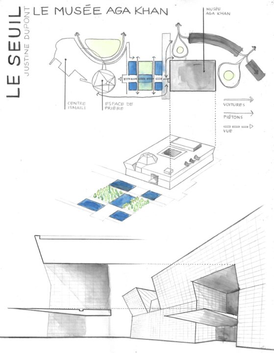 Poster with hand drawn plans and perspective drawing of the aga khan museum