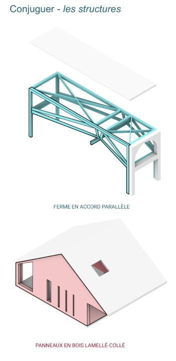 Two axonometric drawings highlighting different wood elements of the designed structure