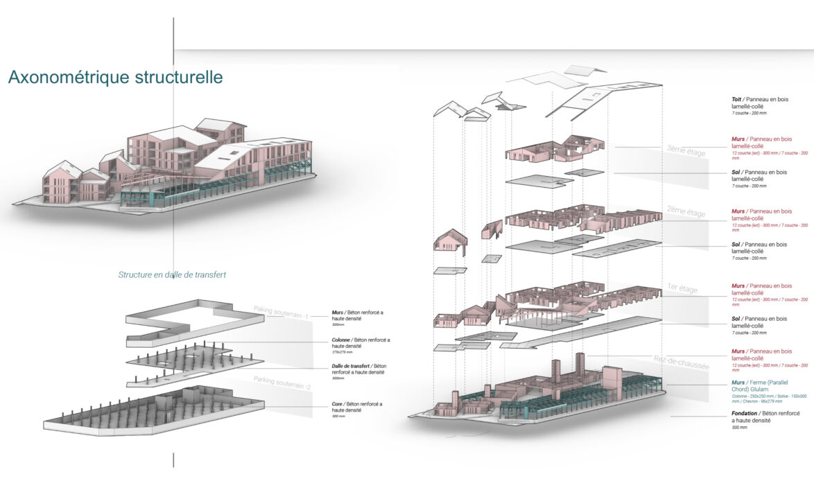 A series of axonometric drawing showing the structure of the student designed buildings
