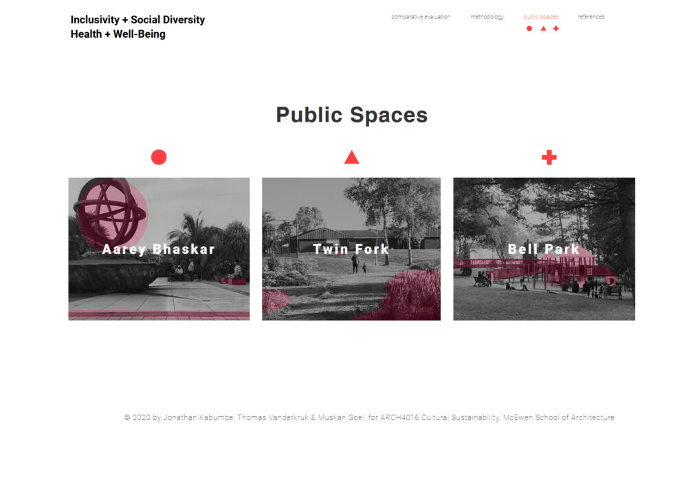Screenshot of a website page with three black and white images of park spaces