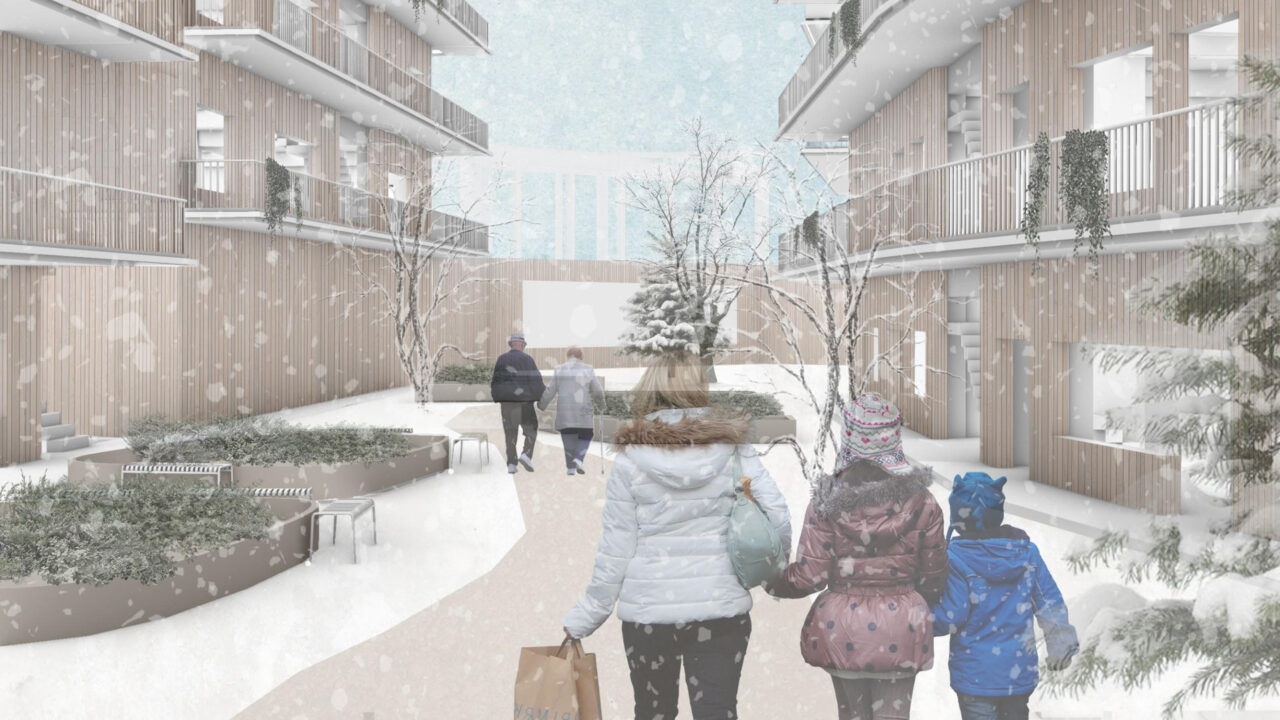Exterior render in between two buildings with people walking outside in the winter