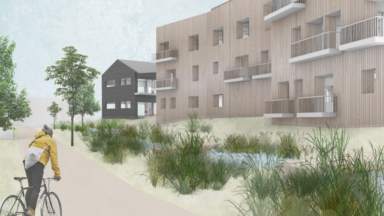 Exterior render showing the back of two building with a figure on a bike, driving past
