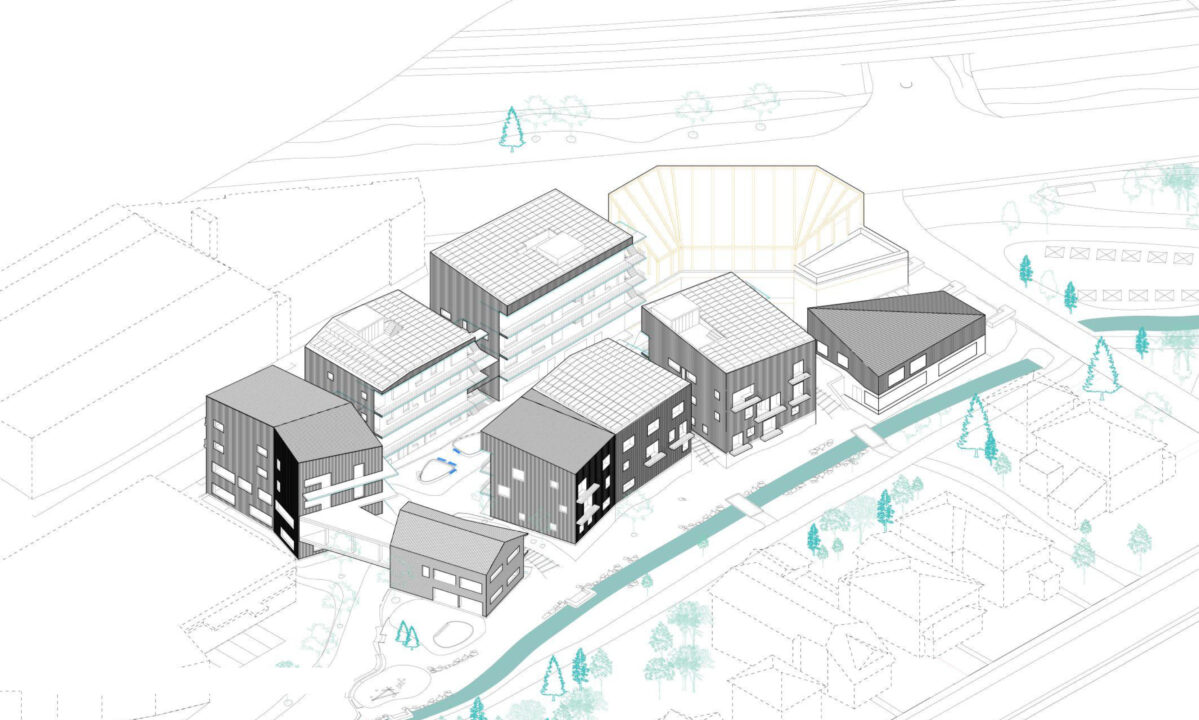 Perspective site plan showing the multiple building designed by students