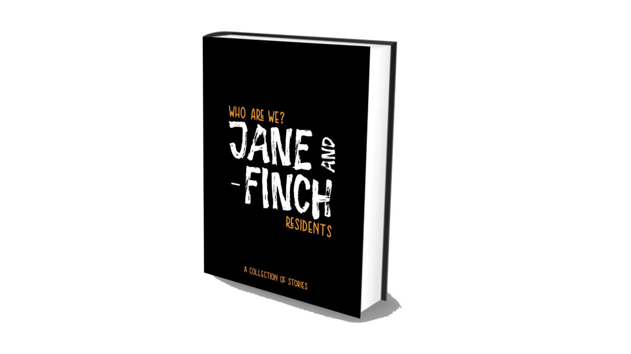 Poster with a black book graphic standing up right, entitled Jane and Finch