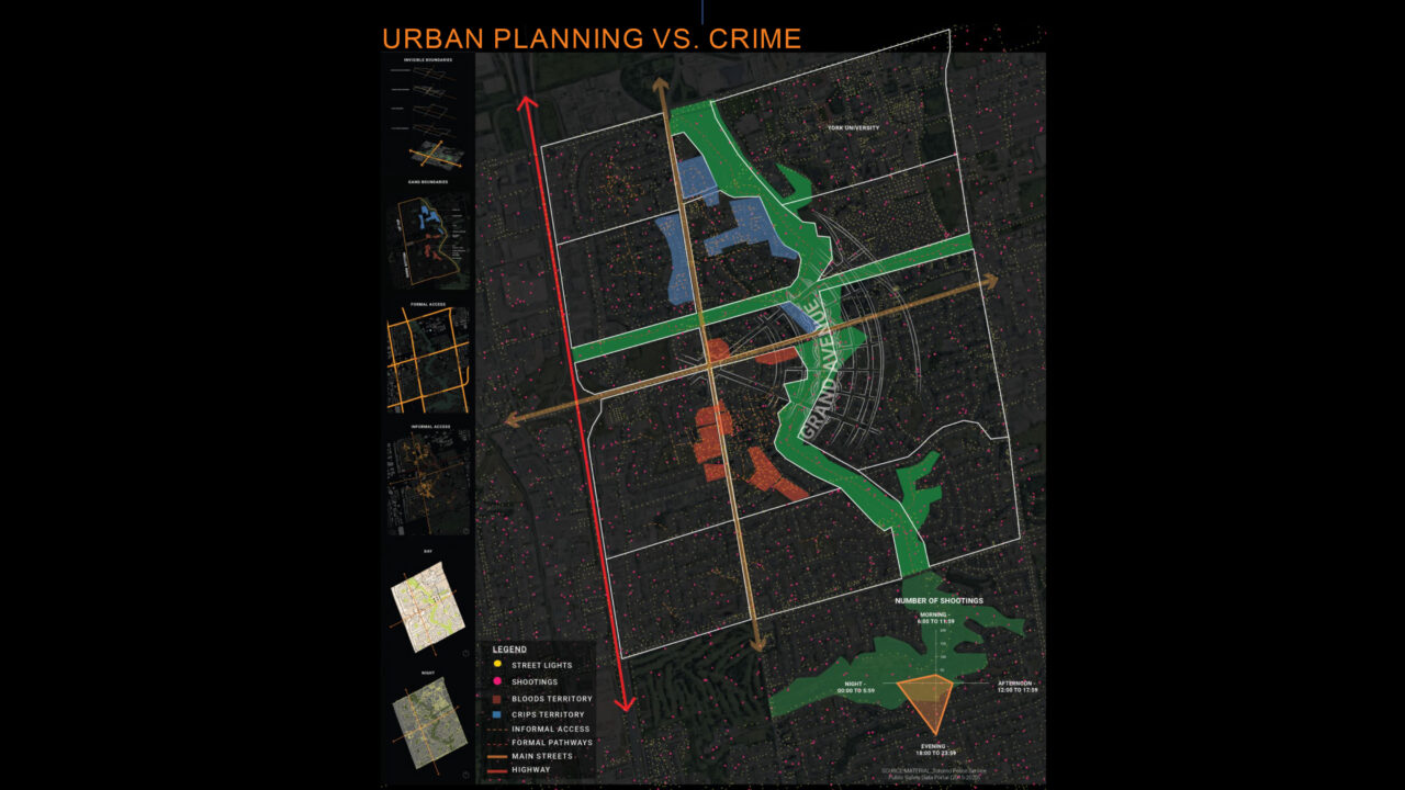 Map of a city on a black background entitled Planning vs. crime