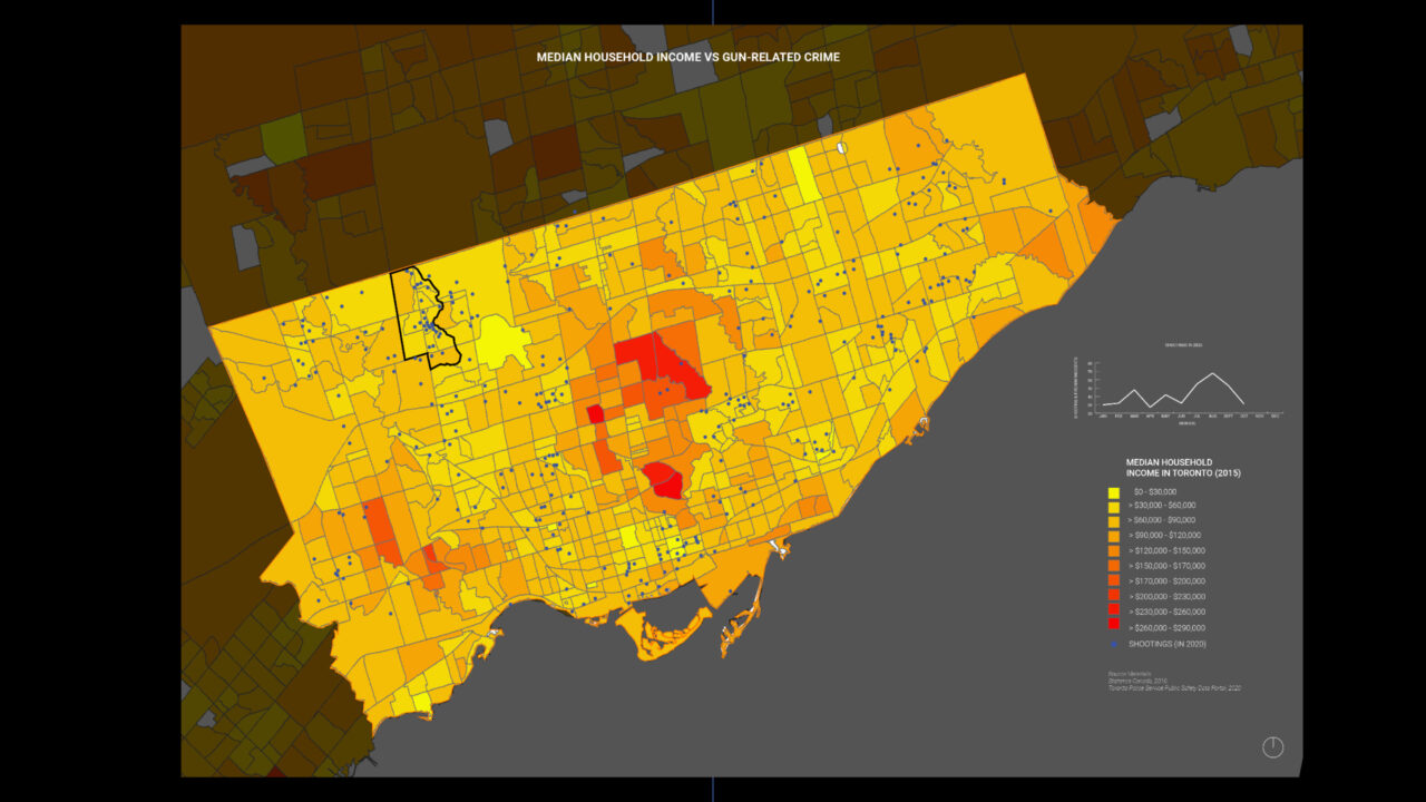 Coloured city map showing the correlation of low income areas and gun violence