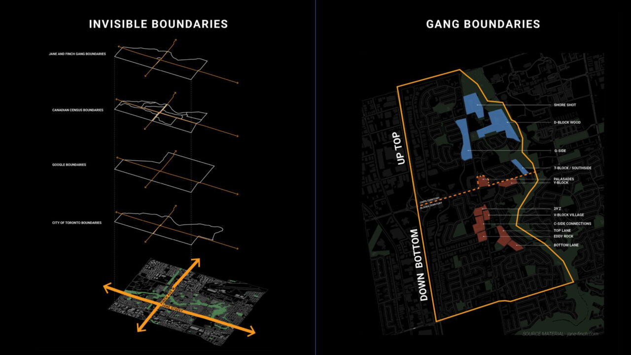 Poster with two city mas comparing the invisible boundaries and gang boundaries in a city