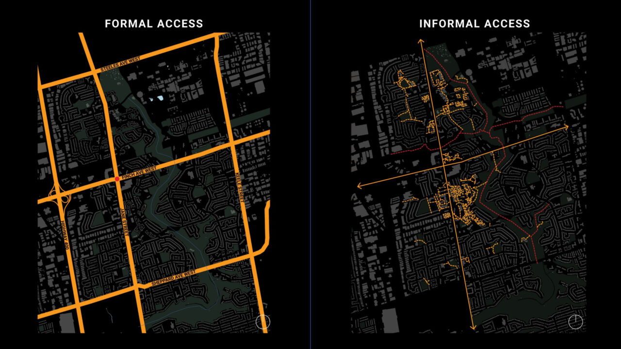 Two maps comparing the formal and informal access roads in a city