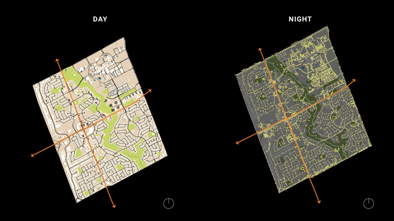 Poster with two maps comparing the day time versus night time in a city