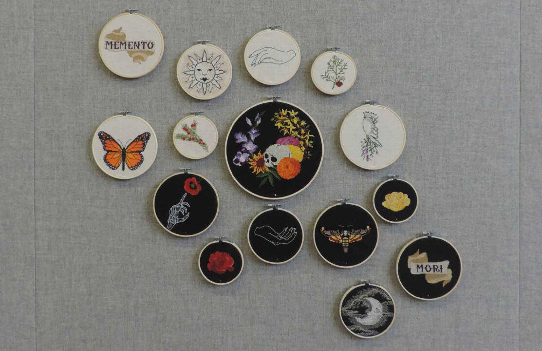 Photograph showing multiple embroidery circles of multiple themes