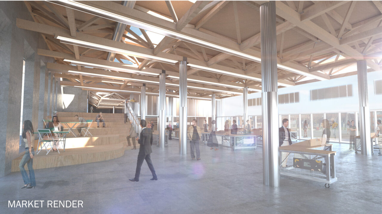 Interior render of people gathering in a wooden market space