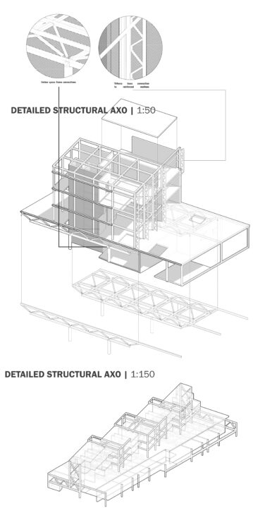 Detailed structural axonometric drawings of a student designed multi story buildings