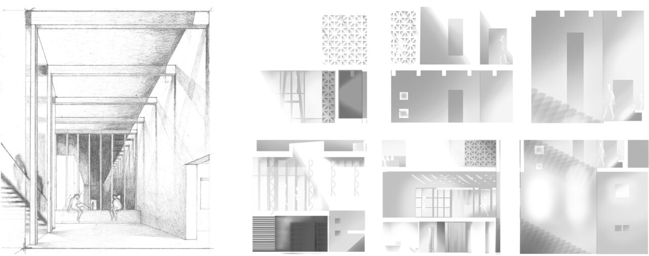 Hand drawings and diagrams of natural lighting strategies of a student designed multi story buildings